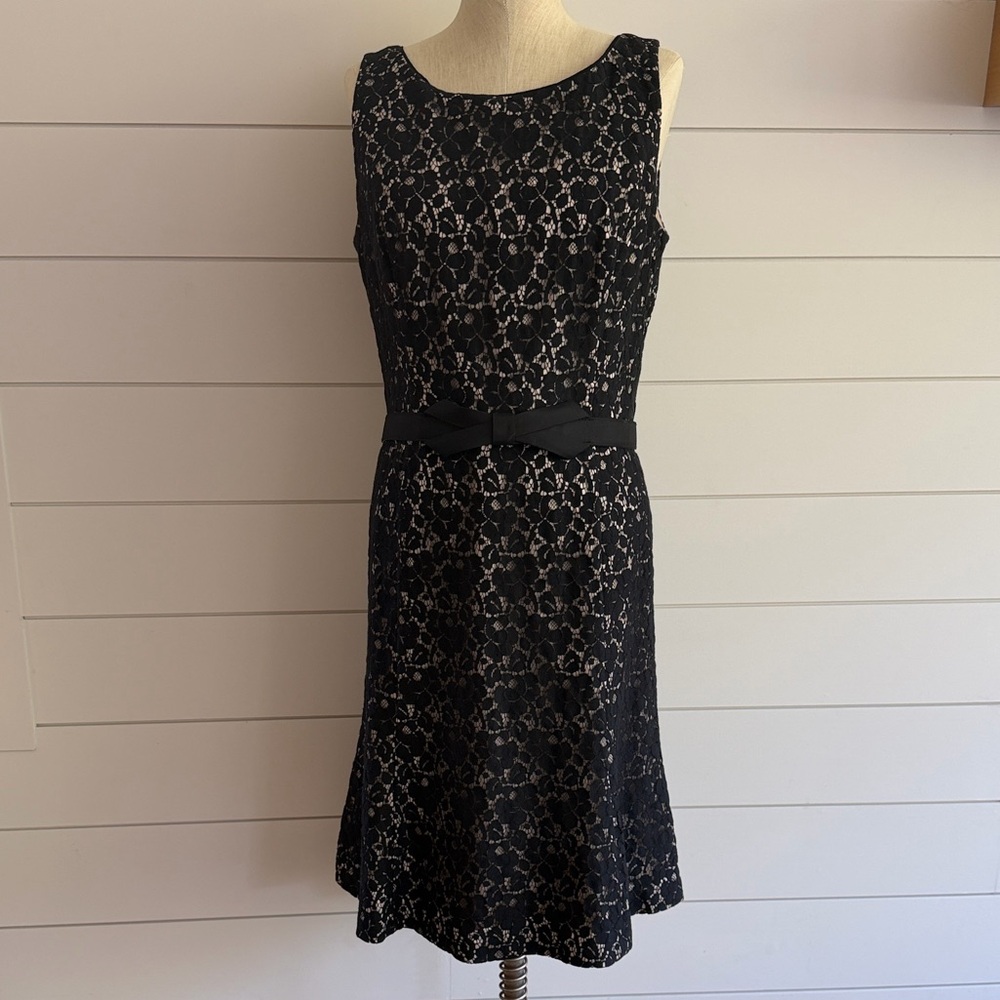 White House Black Market Black Lace Midi Dress with Ribbon Waist
